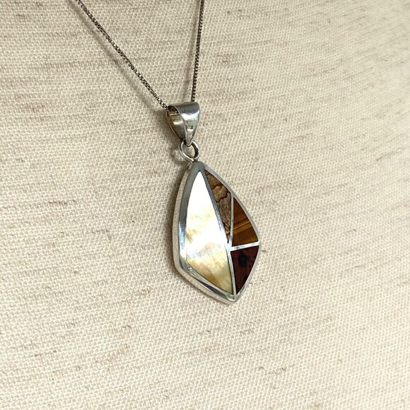 Sterling Silver 925 Mother Of Pearl Jasper Tigers Eye Inlay Pendants Necklace - Picture 3 of 16